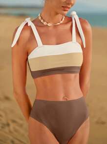 Swim Mod Traje de baño tipo tankini de bloques de color y parche, adecuado para la playa/vacaciones - Café integral - Ver 5