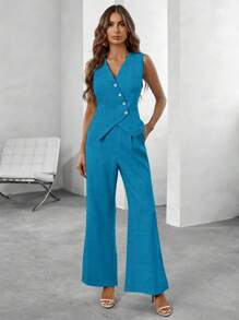 Chiquease Women's Solid Color Single-Breasted Vest And Pants Suit Set - Blue - View 4