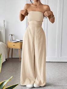 SHEIN EZwear Jumpsuit Model Tanpa Lengan dengan Potongan Lebar dan Punggung, Warna Polos Seksi untuk Musim Panas, Pengantin Wanita - Aprikot - View 6