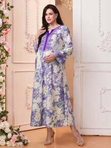SHEIN 孕妇波西米亚花卉印花长袖优雅连衣裙 - 淡紫色 - 查看 3