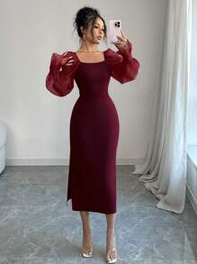 Elenzga Vestido de mujer con mangas transparentes, con parches y bajo con abertura - Burdeos - Ver 6