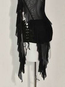 SHEIN ICON 女式 Y2K 性感外出春夏时尚抹胸不对称下摆网眼可爱夏季上衣，透视上衣，抹胸 - 黑色 - 查看 10