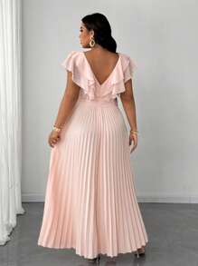 SHEIN Unity Damen Große Größen romantisches & elegantes Hochzeitsgast Kleid, V-Ausschnitt Taillenbindung Chiffon Volant plissiertes Midi Kleid - Pink - Übersicht 4