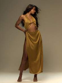 MUSERA Halter. Neck Plunge Cut Out Satin Side Split Maxi Dress Summer, Vacation, Festival Outfit, Y2k Wilden Out - Yellow - View 4