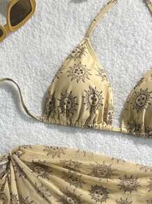 SHEIN Swim Women's 3-Piece Tropical Sunflower Smiling Face Sexy Halter Bikini Top And Side Floral Tie Pants With Mesh Skirt, Vacation Casual Swimsuit Set - Multicolor - View 4