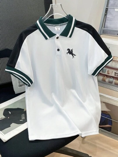 SHEIN Tween Boys' Casual Splice Polo Collar Short Sleeve Polo Shirt, Suitable For Commute, School, Daily Casual, Sports, Spring/Summer