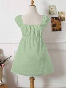 SHEIN Unity Vacation Square Neck Ruched Tie-Waist Floral Embroidered Hollow Out Mini Dress - Green - View 2