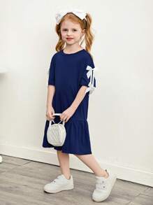 SHEIN Leap Crew Young Girl Color Block Bow Decor Loose A-Line Round Neck Short Sleeve Casual Dress,Cute & Elegant & Sweet & Vintage & Fashionable. - Navy Blue - View 3