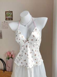 Comfortcana Women's White Ditsy Floral Rib Knit Halter Crop Top: Boho Style With Lettuce Trim And Asymmetrical Hem - White - View 8