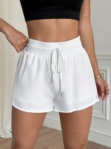 Slayform 女士纯色抽绳腰部镂空日常健身运动短裤毛衣短裤 - 白色 - 查看 6