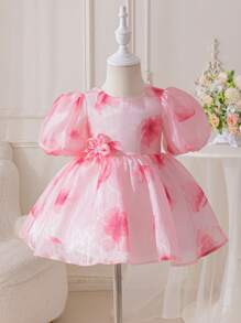 SHEIN Glamorique Kids Vestido de bebé e infante niña con estampado floral rosa, vestido de fiesta de bebé niña con volantes y mangas cortas, vestido formal de fiesta de cumpleaños de bebé - Rosa - Ver 4