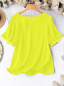 EMERY ROSE Áo sơ mi nữ cổ chữ V tay ngắn màu xanh neon trơn cỡ lớn thường ngày - Màu vàng - Xem 2