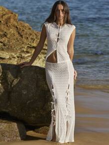 Aralina Two Pieces Lace Tie Front Split Hem Elegant Vacation Outfit Women Top And Maxi Skirt Set - White - View 1