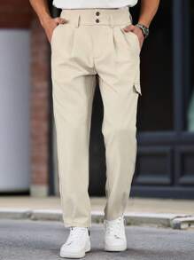 Manfinity Mode Gift For Men, Men's High Waist Double Button Waist Design, Side Flap Pocket Suit Pants Simple Fashion Casual Daily Solid Color Men Clothes Men Pants Men Pants Casual Men Clothing Men Pants Pants Accessories Men Casual Men Pants - Apricot - View 3