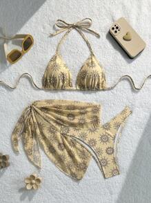 SHEIN Swim Women's 3-Piece Tropical Sunflower Smiling Face Sexy Halter Bikini Top And Side Floral Tie Pants With Mesh Skirt, Vacation Casual Swimsuit Set - Multicolor - View 1