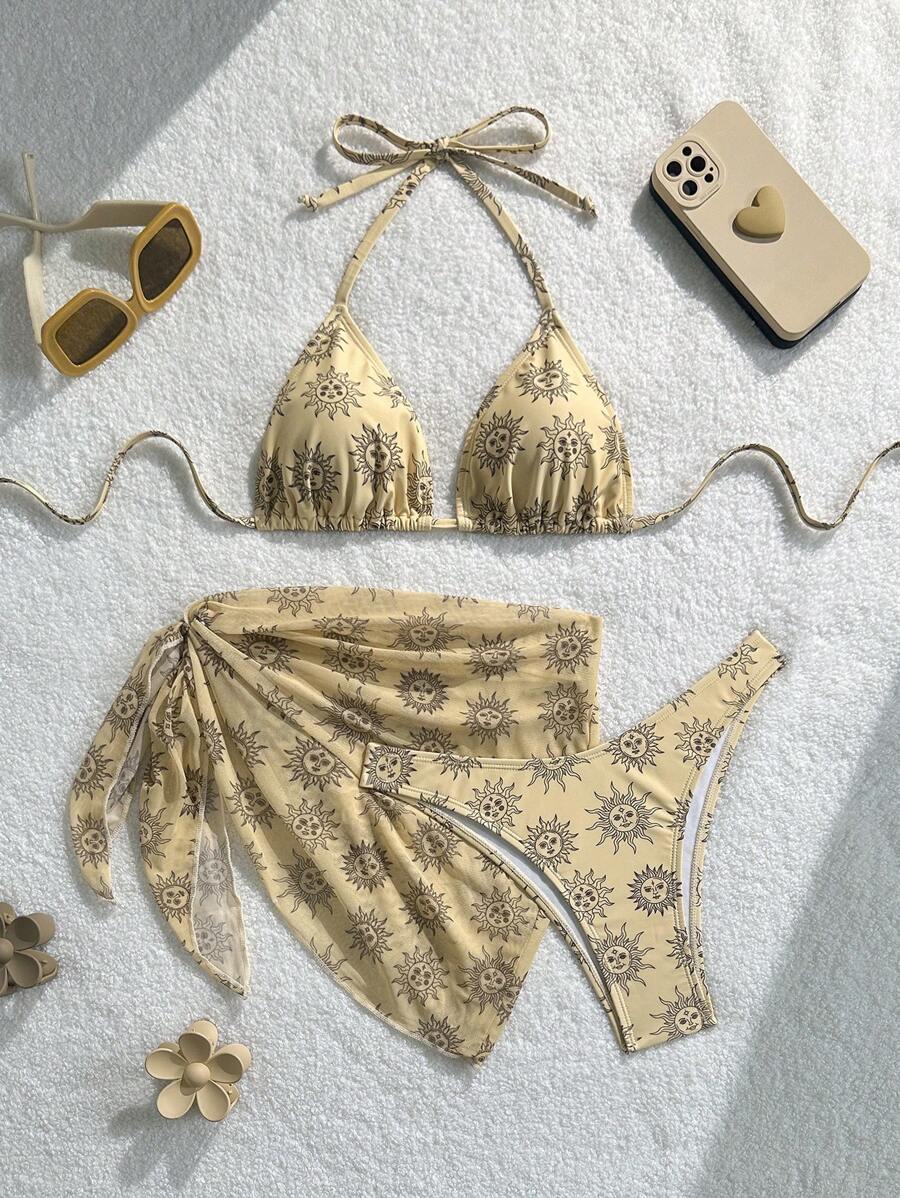 SHEIN Swim Women's 3-Piece Tropical Sunflower Smiling Face Sexy Halter Bikini Top And Side Floral Tie Pants With Mesh Skirt, Vacation Casual Swimsuit Set - Multicolor - View 1