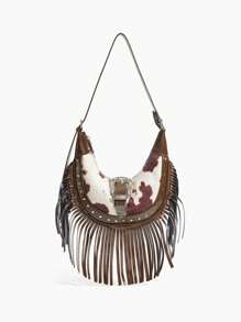 SHEIN ICON Ladies, Women Shoulder Bag, Hobo Bag, Fashionable, Personalized, Simple, Versatile, Street, Sweet And Cool Girls, Hot Girls, Y2k, Retro, Rivets, Vintage, Tassels, Cow Print, Western Style, Bohemian Style, Music Festival, Teenagers, Perfect For Rodeo Occasion, Animal Print Women Bag, 2000s Fashion Style Bag For Women, Vintage Bag For Women - Brown - View 1