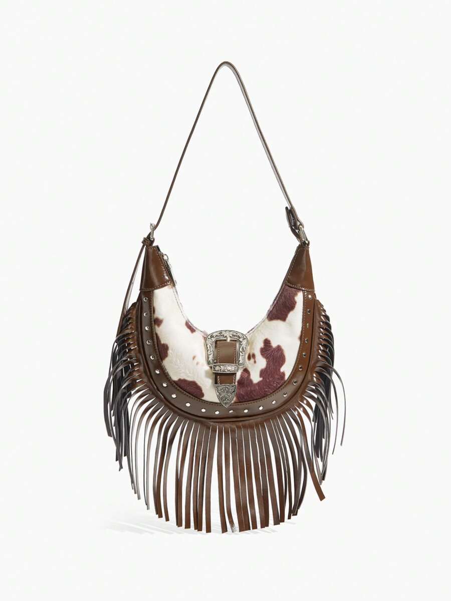 SHEIN ICON Ladies, Women Shoulder Bag, Hobo Bag, Fashionable, Personalized, Simple, Versatile, Street, Sweet And Cool Girls, Hot Girls, Y2k, Retro, Rivets, Vintage, Tassels, Cow Print, Western Style, Bohemian Style, Music Festival, Teenagers, Perfect For Rodeo Occasion, Animal Print Women Bag, 2000s Fashion Style Bag For Women, Vintage Bag For Women - Brown - View 1