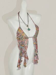 SHEIN ICON Women's Backless Halter Casual Top With Side Slit & Cashew Print - Multicolor - View 4