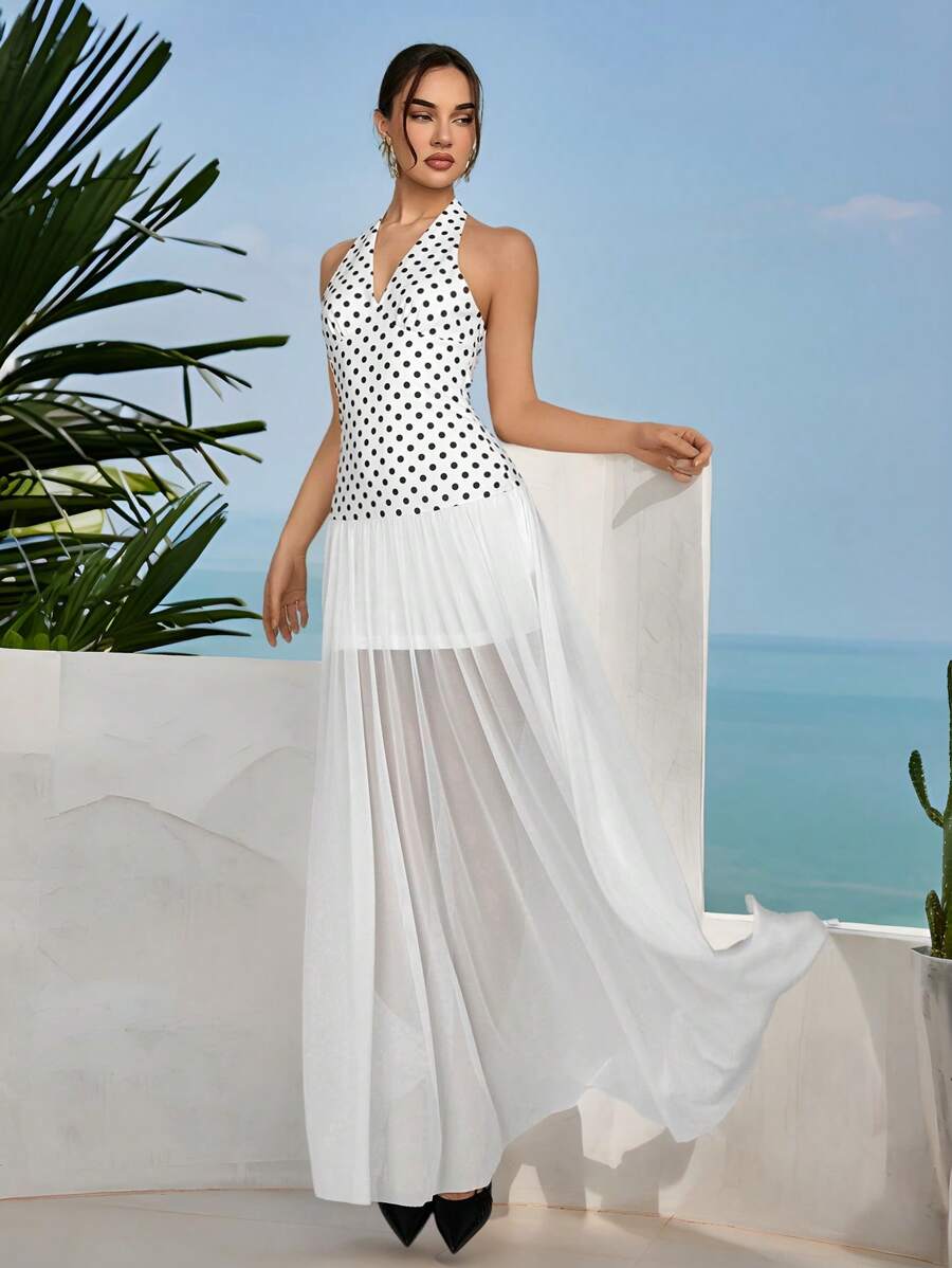 Aloruh Black & White Polka Dot Contrast Color Block Casual Dress, Stylish & Suitable For Summer, Fairycore - Black and White - View 1