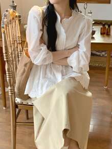 DAZY Women/Teen's Casual Solid Color Ruffle Hem Long Sleeve Blouse Fall