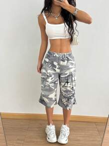SHEIN ICON 街头风格宽松低腰迷彩 7/8 长度牛仔裤 - 彩色 - 查看 1