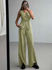 Aloruh 2 件套优雅办公室通勤 V 领上衣搭配长裤，百搭纯色金属纽扣装饰，杏色