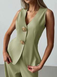 Aloruh 2 件套优雅办公室通勤 V 领上衣搭配长裤，百搭纯色金属纽扣装饰，杏色