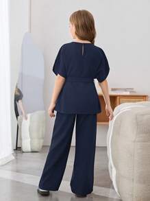 Firerie Kids Firerie Kids Tween Girls Woven Textured Loose Drop Shoulder Tie Waist Letter Graphic Shirt And Wide Leg Pants 2 Pieces Set, Casual Vacation Outfit