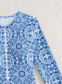 Swim SPRTY Summer Random Print Long Sleeve Zipper With Padded One-Piece Bikini Surf Suit, Conservative Beach Vacation Surfing Swimwear