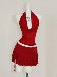 SHEIN ICON 2pcs Women Halter Top + Mini Skirt Set - Red - View 4