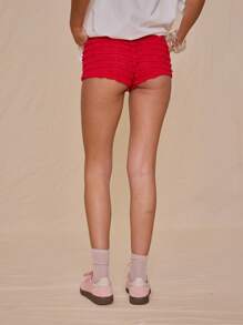 MUSERA Low Rise Textured Bow Front Fitted Micro Mini Shorts Hotpants Spring Summer Vacation Cute Elegant Beach Sweet Escape Party - Red - View 4