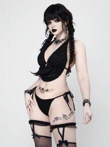 ROMWE Gothic Hollow Out Distressed Texture 2Pcs Bikini Set, Halloween - Black - View 5