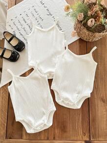 3 件套女婴休闲可爱夏季针织白色吊带背心连体衣