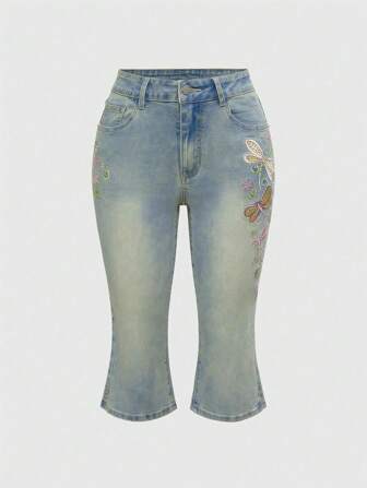 Fairycore Women Y2k Summer Retro Butterfly Sequin Embroidery Capri Jeans