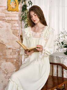 Côtesoire Lace Bubble Ruffle Women's Square Neck Long Sleeve Elegant Nightgown Babydoll Holiday Season - Baby Pink - View 4