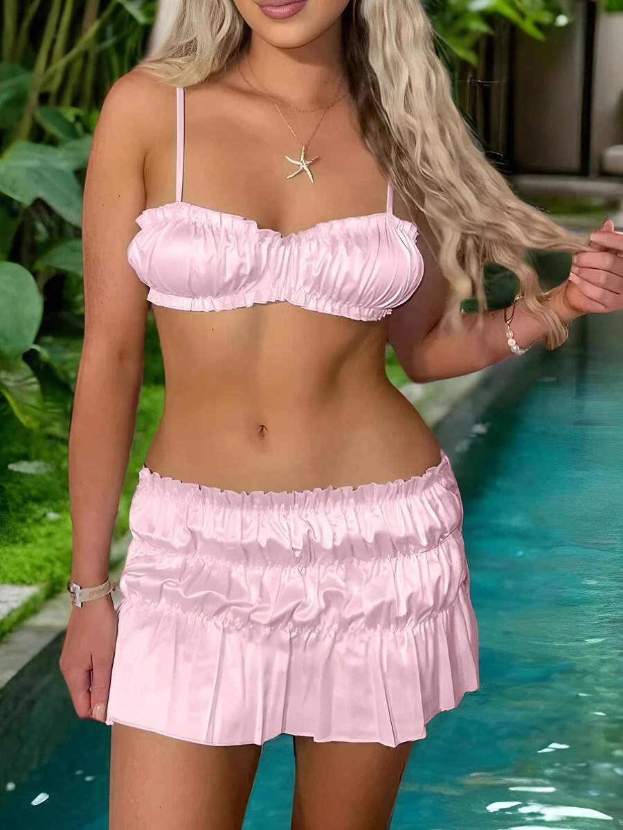 Women's Solid Color Frill Trim Camisole And Satin Mini Skirt Set - Pink - View 1