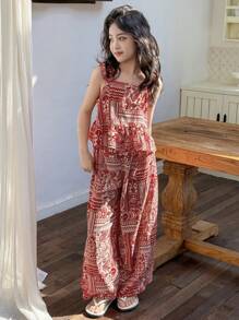 Dazy Kids 2pcs/Set Tween Girl Ditsy Floral Sleeveless Top And Long Pants Set, Summer,Back To School Clothes Vacation Easter - Red - View 6