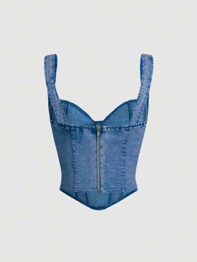 SHEIN MOD Kadın Yaz Modası Kalp Yaka Kolsuz Kot Bluz