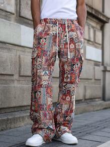 Manfinity EMRG Men's Street-Sport Style With An INS-Inspired Look, Featuring High-Street Bohemian Geometric-Pattern Yarn-Dyed Textured Jacquard Pants In An American Vintage Slight-Flared Cut With A Raw Hem. These Pants Are Perfect For Music Festivals, And Make A Great Gift For A Boyfriend Or Husband. They Bring A Streetstyle, Y2K Vibe To Any Wardrobe. Vintage American Style Men Geometric Print Cargo Pants With Pockets, Streetwear, Fall