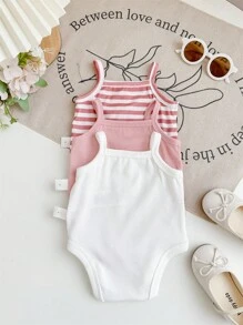 SHEIN 3pcs/Set Newborn Baby Girls Cute Striped Knitted Strap Bodysuit Set, Summer - Pink - View 2