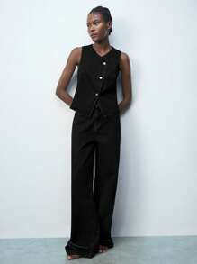 Maija 女士黑色V领单排扣宽松休闲牛仔背心，无袖，西式上衣，适合秋季商务休闲穿着 - 黑色 - 查看 2