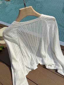 SHEIN Privé Plus Size Vacation Casual Solid Color Hollow-Out Knit Balloon Sleeve Cardigan