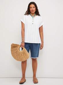 SHEIN LUNE Plus Size Women V-Neck Short Sleeve Casual Blouse Summer Outfits For Women Summer Tops Summer Outfits For Women Vacation Outfits Women Summer Outfits For Women Summer Clothes European Summer - White - View 4