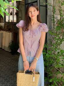 DAZY Women's Solid Color Fitted Tie Waist Puff Sleeve Blouse, Fitted Short Sleeve Shirt, Pink, Spring/Summer - Purple - View 5