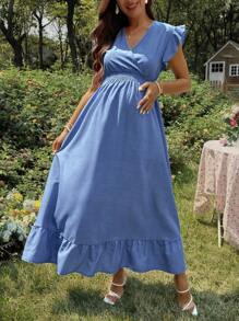 SHEIN Elegant Maternity V-Neck Ruffle Sleeve Dress For Summer - Blue - View 5