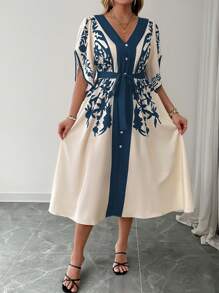 SHEIN Clasi Retro Floral Print V-Neck Peplum Hem Bodycon Dress, Fashionable For Spring/Summer - Dusty Blue - View 5