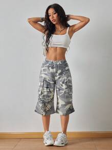 SHEIN ICON 街头风格宽松低腰迷彩 7/8 长度牛仔裤 - 彩色 - 查看 4