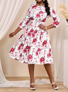 SHEIN Lady 大码女式简约花卉印花圆领长袖休闲连衣裙冬季优雅四季秋季连衣裙派对女装优雅女装蕾丝长袖化妆舞会礼服演唱会女装短裙情人节新年派对礼服玫瑰花礼服复活节礼服女毕业礼服婚礼宾客礼服女复活节礼服商务休闲女装度假波西米亚风