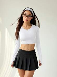 SHEIN Sport Studio Damen einfarbiges Shirt mit Rundhalsausschnitt, Langarm und Ausschnitt am Rücken, Sportive Optik
